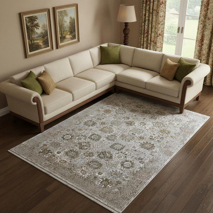 12' X 18' Floral Area Rug With Fringe (722062) - Ivory / Gray / Gold