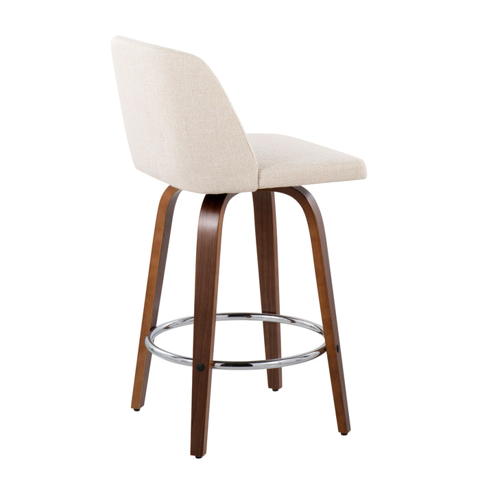 Toriano - Fixed - Height Counter Stool - Walnut Wood With Round Chrome Footrest And Cream Noise Fabric (Set of 2)