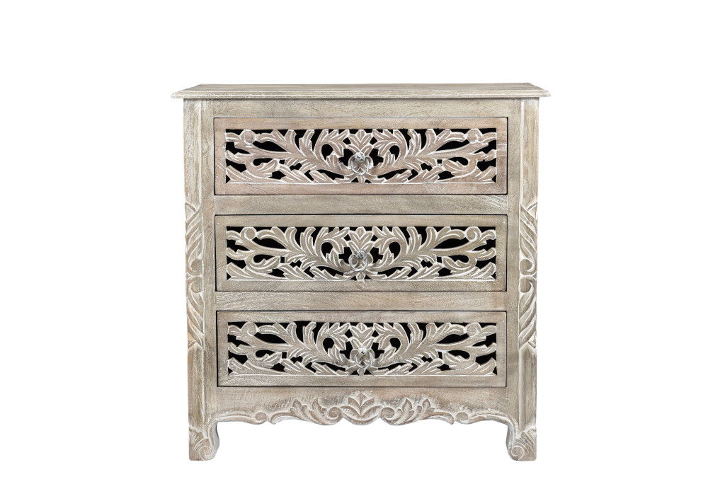 Three Drawer Floral Carved Solid Wood Nightstand - Distressed Gray