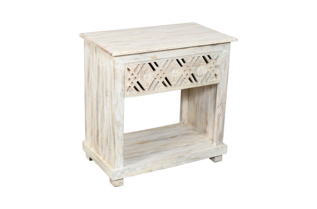 28" Solid Wood Distressed Carved Geometric One Drawer Nightstand - White