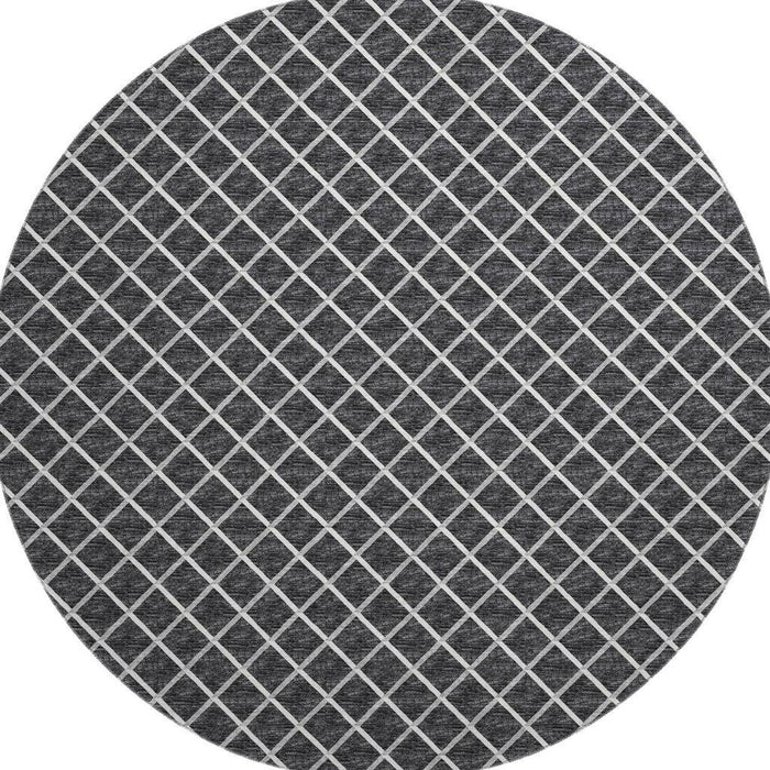 8' Geometric Washable Round Rug With UV Protection - Black / Ivory