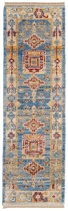 14' Wool Geometric Hand Knotted Runner Rug With Fringe - Blue Red And Yellow