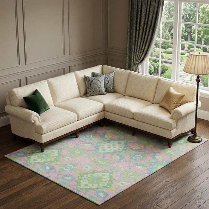 10' X 14' Oriental Washable Area Rug With UV Protection (678868) - Pink / Teal / Lime Green