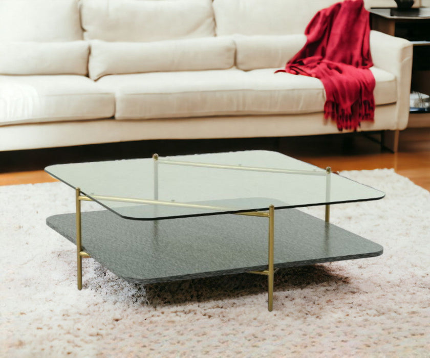 Glass Square Coffee Table With Shelf - Gold And Clear