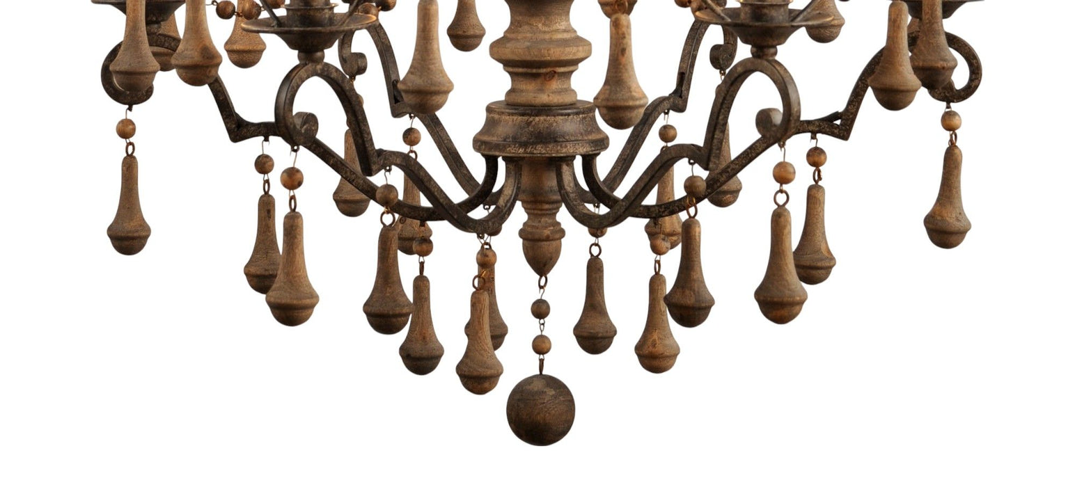 Candle Style Six Light Wood Chandelier - Brown