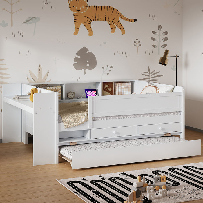 Giga white twin daybed with drawers, trundle, headboard storage, study desk, and USB charging station, featuring a modern design.