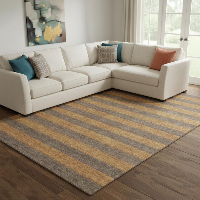 10' X 14' Striped Washable Area Rug With UV Protection (647746) - Chocolate / Copper