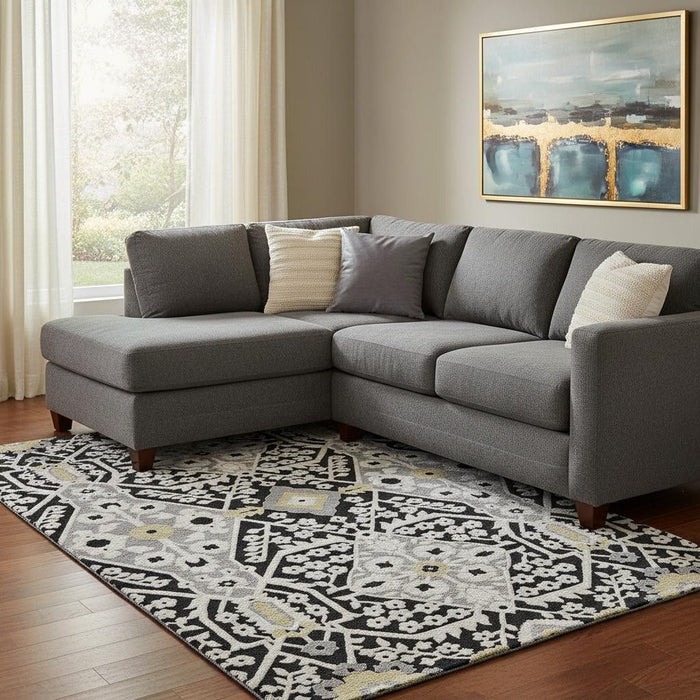10' X 14' Floral Washable Area Rug With UV Protection (668489) - Black / Gray / Gold