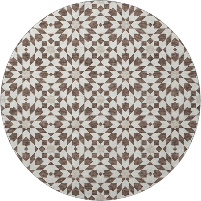 8' Geometric Washable Round Rug With UV Protection - Brown And Ivory