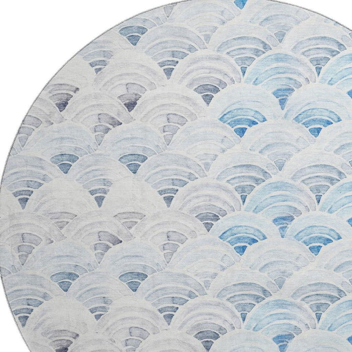8' Geometric Washable Round Rug With UV Protection (645807) - Blue / Ivory / Gray