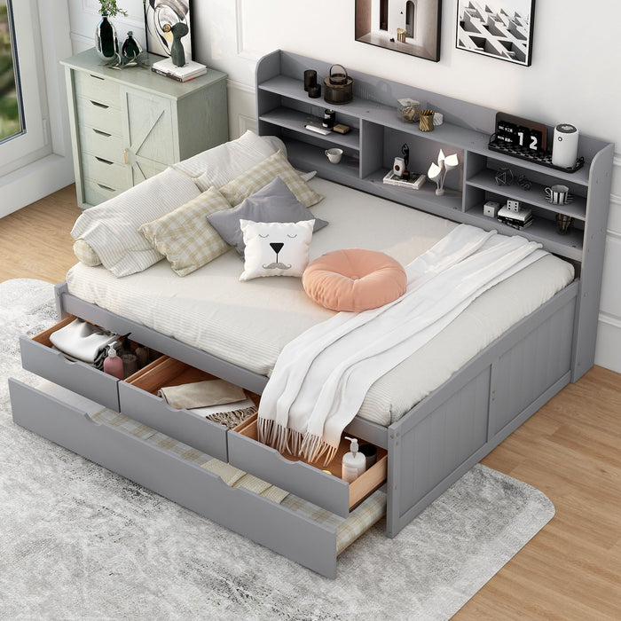 Giga captain bed with built-in bookshelves, three storage drawers, and a trundle for additional sleeping space.