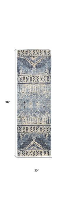 8' Wool Floral Hand Knotted Runner Rug - Gray Blue And Ivory
