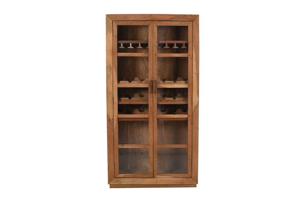 HomeRoots 42-inch solid wood and glass bar cabinet with four shelves in brown, designed for wine storage and display.