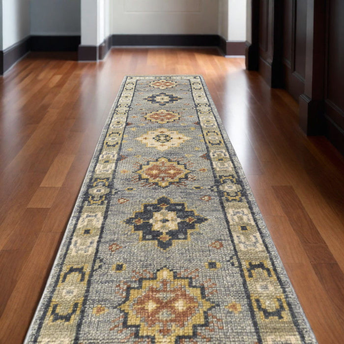 14' Wool Geometric Hand Knotted Runner Rug With Fringe - Gray Blue And Taupe