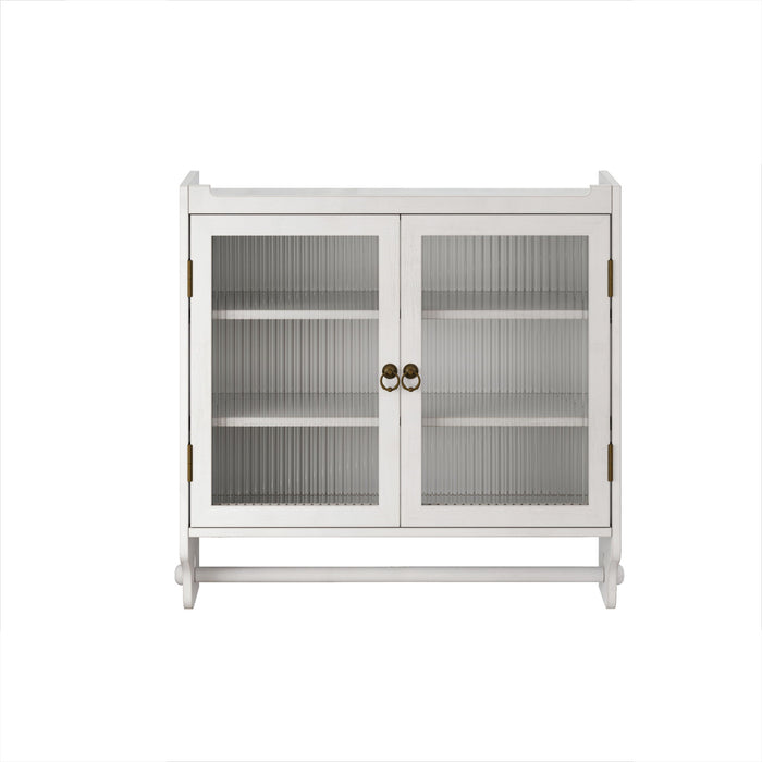 White washed Giga vintage double door wall medicine cabinet with three-tier storage and towel rack.