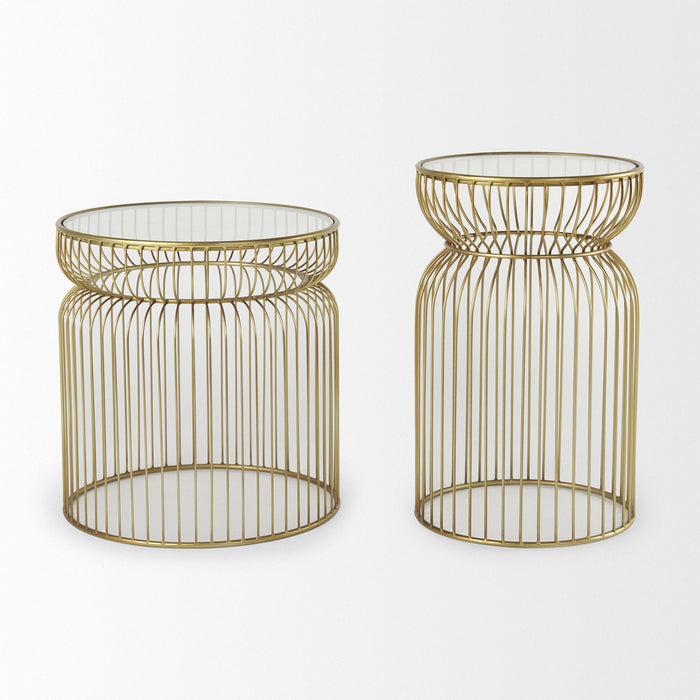Tempered Glass Metal Wire Round Drum End Tables (Set of 2) - Clear / Gold