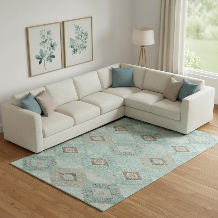 10' X 14' Geometric Washable Area Rug With UV Protection (706019) - Teal / Beige