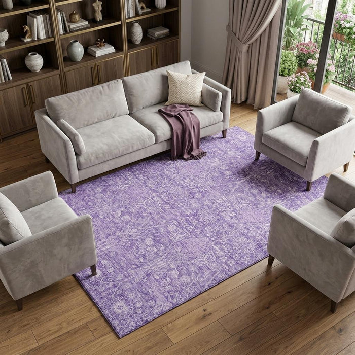 10' X 14' Floral Washable Area Rug With UV Protection (686030) - Plum / Beige