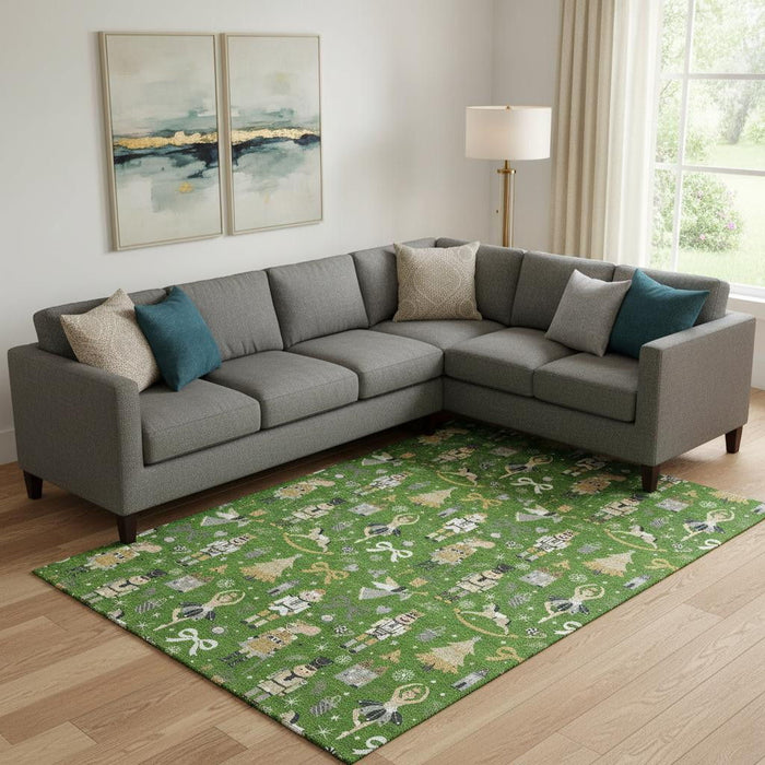 10' X 14' Floral Washable Area Rug With UV Protection (702449) - Green / Gold / Gray