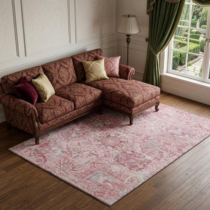 10' X 14' Damask Washable Area Rug With UV Protection (684340) - Pink / Gray / Ivory
