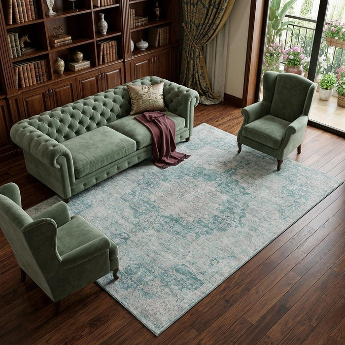 10' X 14' Oriental Washable Area Rug With UV Protection (692340) - Teal / Silver