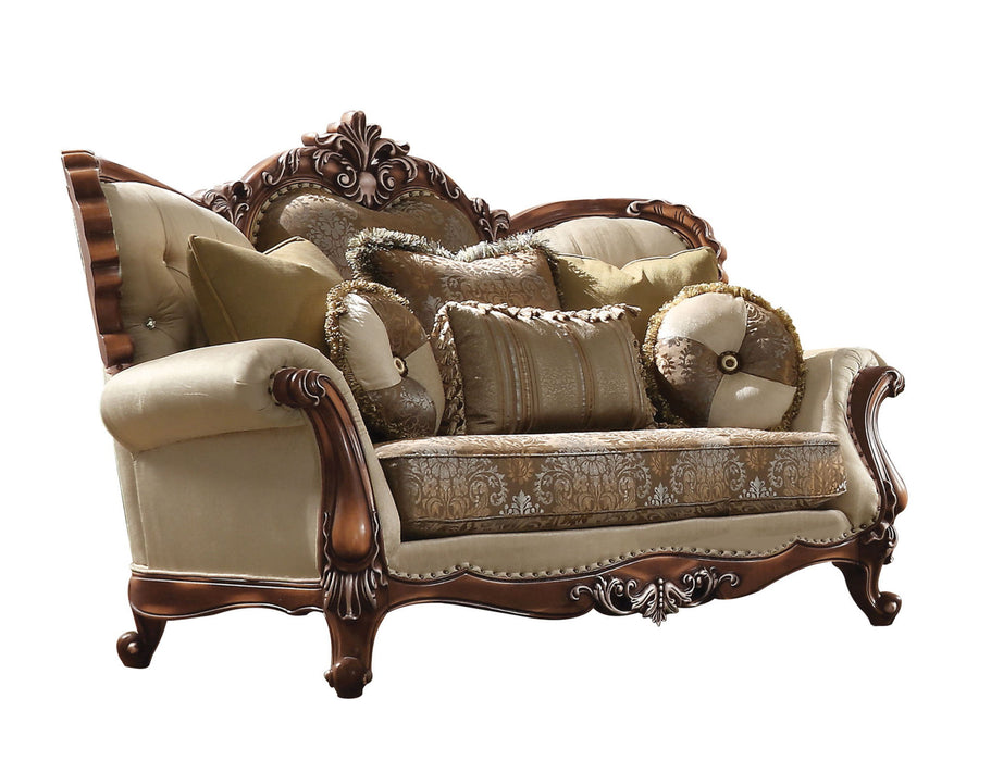 74" Velvet Damask Curved Loveseat And Toss Pillows - Tan And Brown