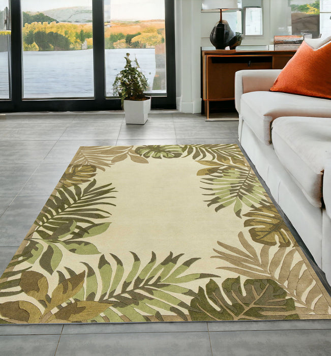 5' x 8' Hand Tufted Bordered Tropical Leaves Indoor Area Rug - Ivory