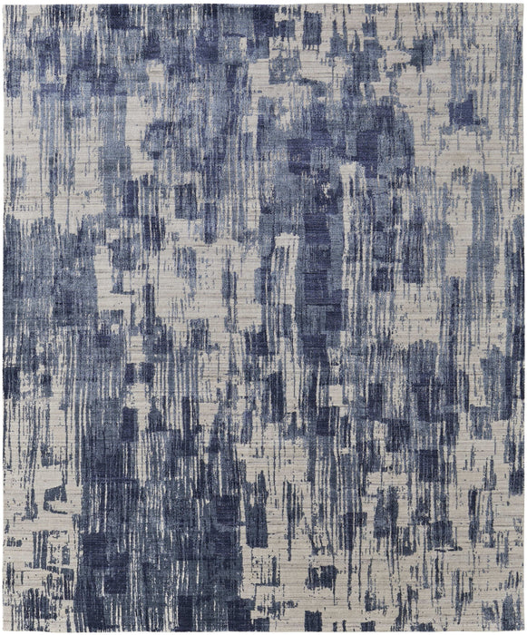 5' x 8' Abstract Hand Woven Worn Faded Area Rug - Ivory And Blue