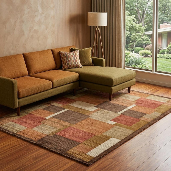 8' X 10' Checkered Hand Knotted Area Rug (744323) - Green / Brown / Orange