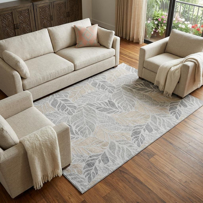 10' X 14' Tropical Botanical Distressed Washable Area Rug With UV Protection (646325) - Light Gray / Taupe / Charcoal