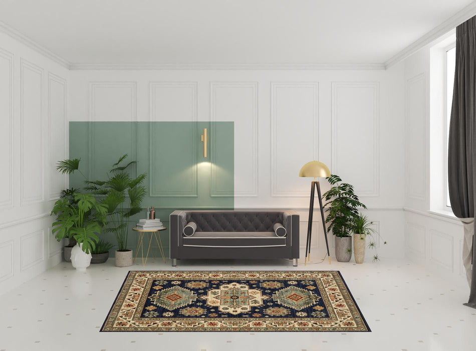 6' x 9' Oriental Power Loom Stain Resistant Area Rug With Fringe - Navy Charcoal Orange Rust Gold Pale Blue Olive Beige And Salmon