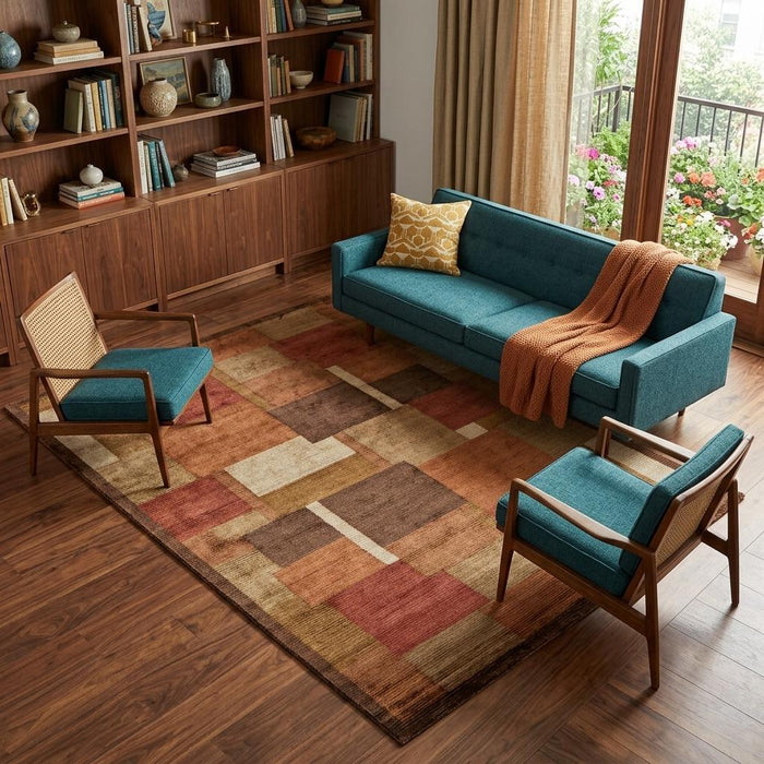 9' X 13' Checkered Hand Knotted Area Rug (744396) - Green / Brown / Orange
