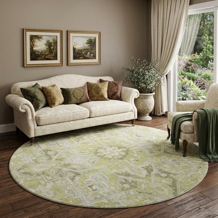 8' Oriental Washable Round Rug With UV Protection (649693) - Fern Green / Ivory