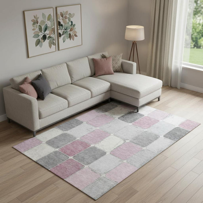 10' X 14' Geometric Washable Area Rug With UV Protection (709108) - Blush / Gray / Silver