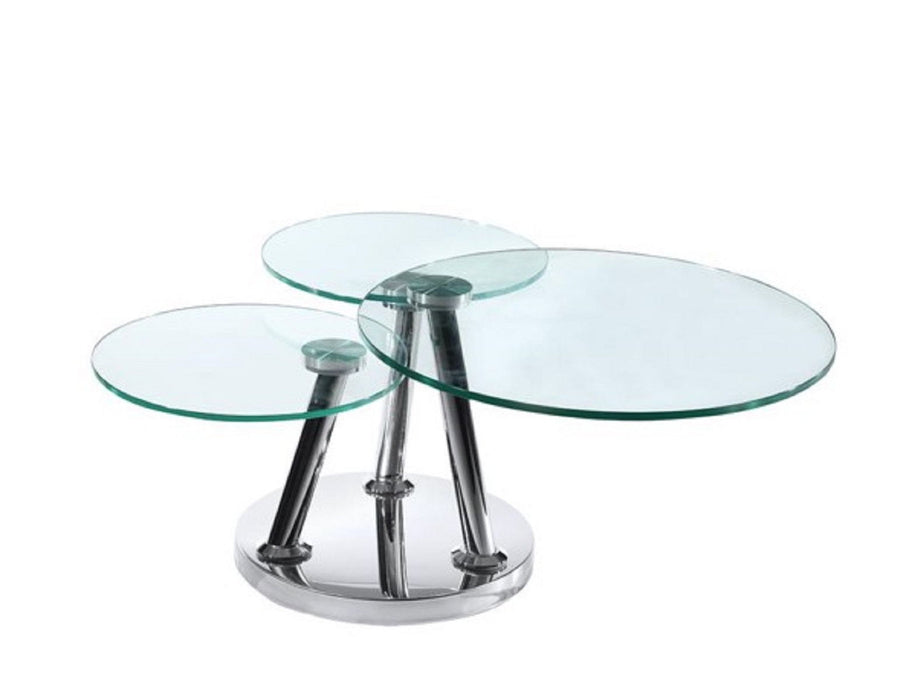 HomeRoots 32-inch glass and metal round coffee table with clear glass top and silver metal frame, modern living room decor.