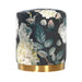 Dark gray floral velvet Ottoman with gold base, upholstered TOV Furniture ottoman, stylish and elegant accent furniture piece.