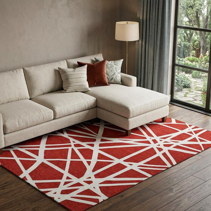 10' X 14' Geometric Washable Area Rug With UV Protection (681641) - Red / Ivory