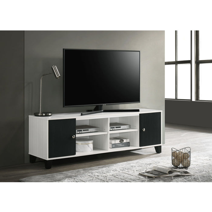 Giga 2-tone black and white TV stand with open shelves and hidden storage for living room furniture.
