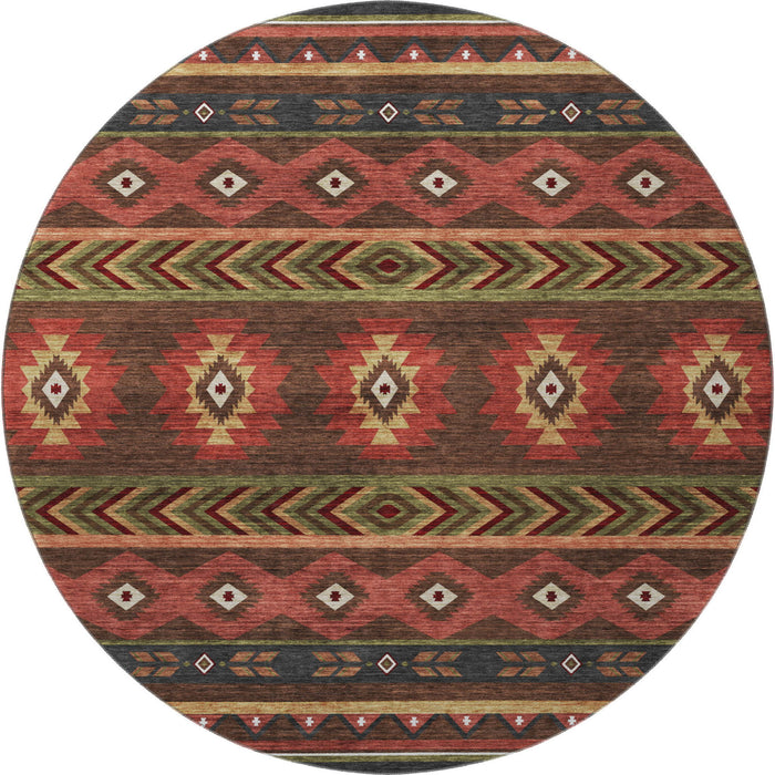 8' Geometric Washable Round Rug With UV Protection (645657) - Brown / Green / Rust