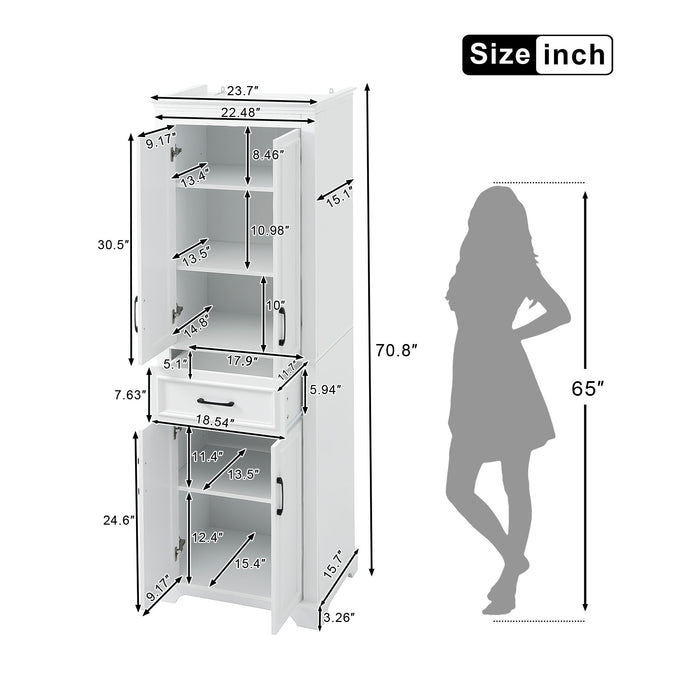 Giga white linen bathroom cabinet with 4 doors, 1 drawer, adjustable shelves, and damping hinges, showcasing an elegant freestanding design.