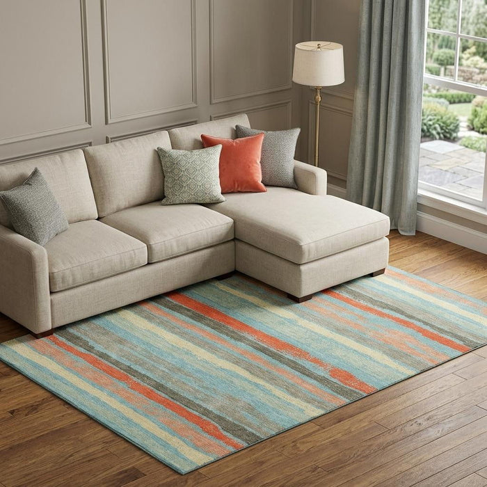 10' X 14' Striped Washable Area Rug With UV Protection (680055) - Sky Blue / Orange / Ivory