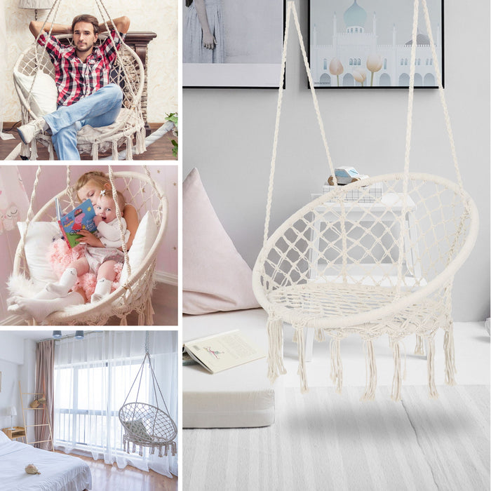 Giga macrame hanging hammock chair with rope swing design, suitable for indoor and outdoor relaxation.