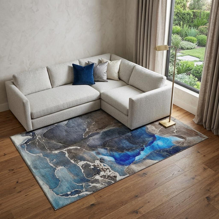 10' X 14' Abstract Washable Area Rug With UV Protection (646686) - Navy Blue / Charcoal