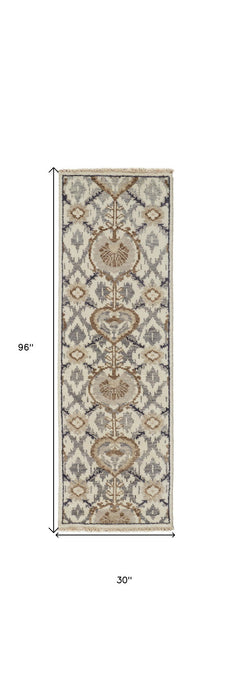 8' Wool Floral Hand Knotted Stain Resistant Runner Rug - Ivory Gray And Taupe
