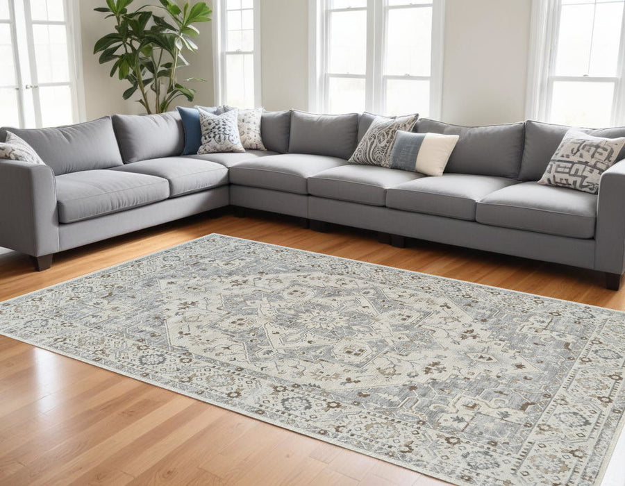 7.9' x 7.9' Oriental Distressed Area Rug - Gray And Beige