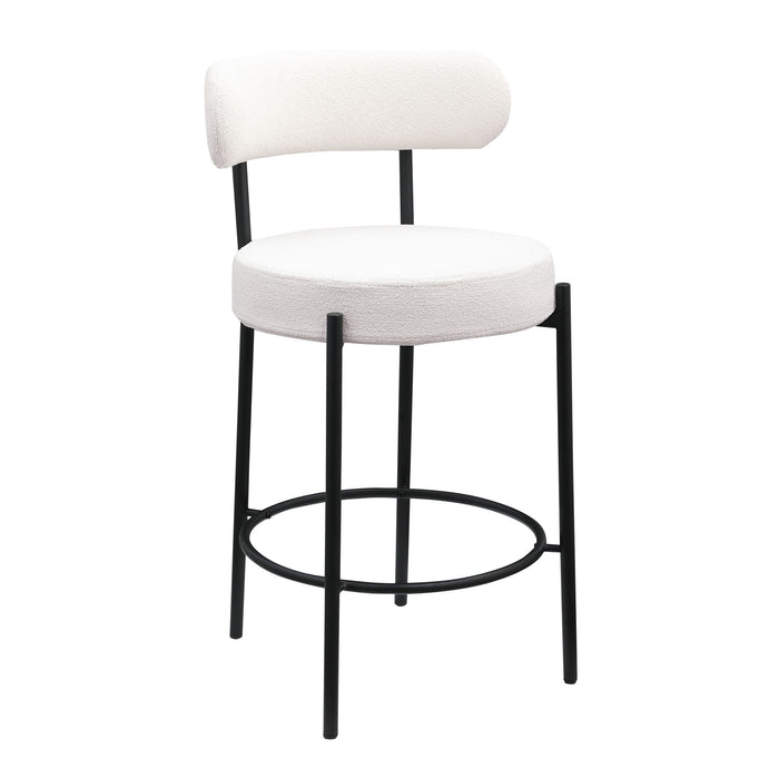 Set of 2 Giga modern sherpa counter height barstools with brushed brass legs, round low back, footrest, ideal for kitchen or dining.