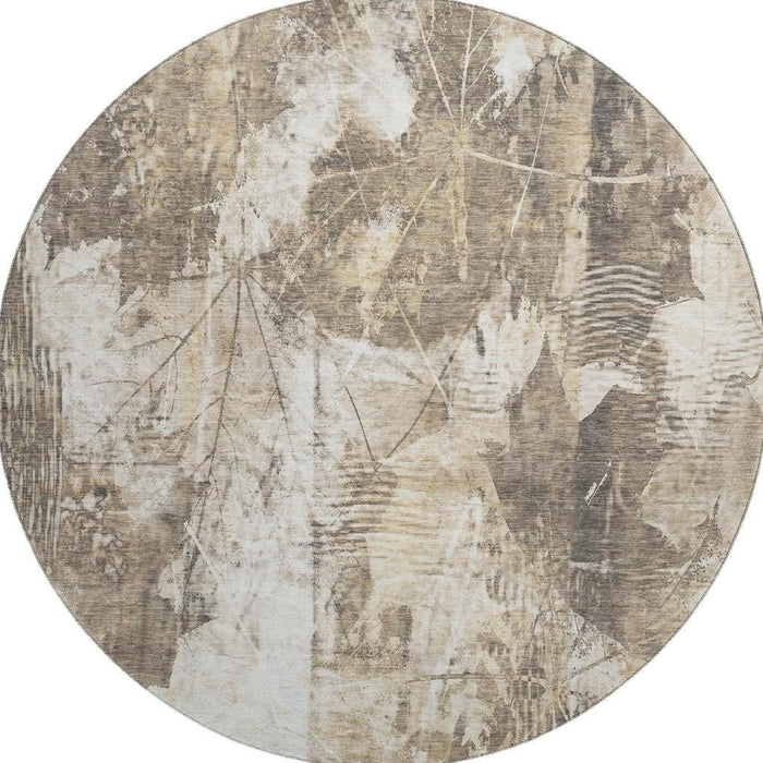 8' Floral Washable Round Rug With UV Protection (649063) - Beige / Ivory