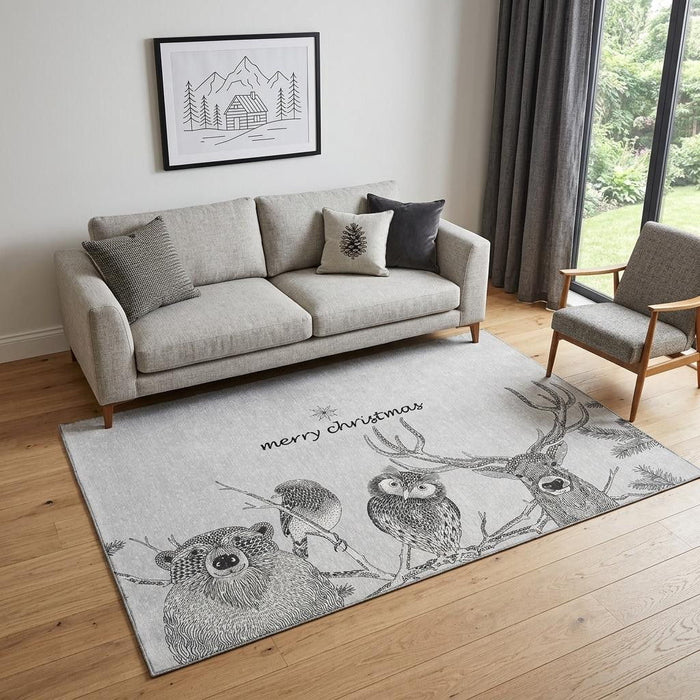 5' X 8' Christmas Woodland Lodge Washable Area Rug With UV Protection (646459) - Gray / Black