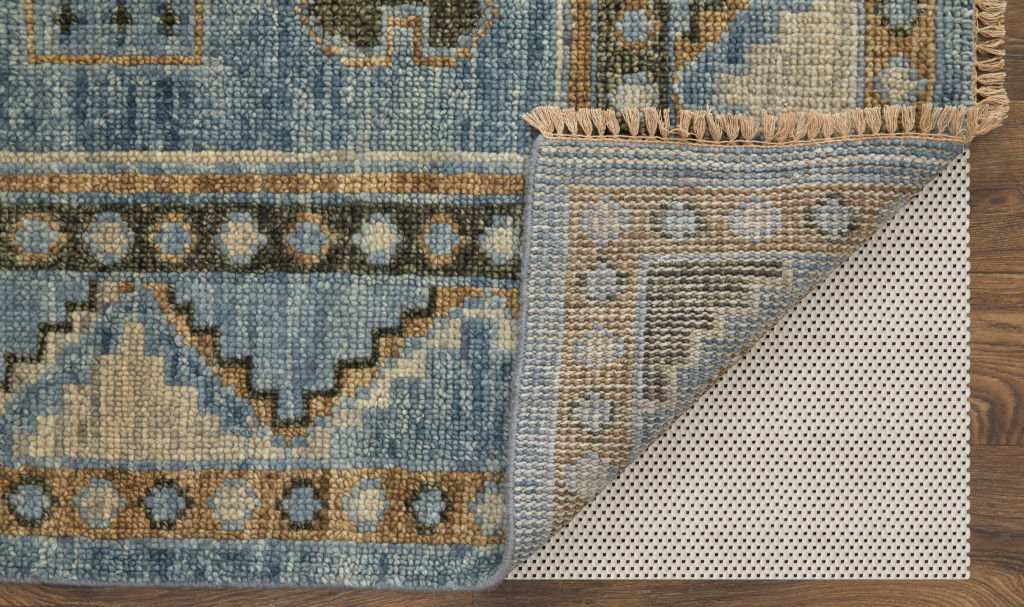 10' Wool Oriental Hand Knotted Runner Rug With Fringe - Ivory Tan And Blue