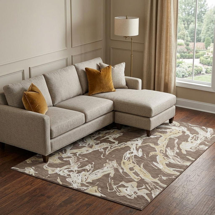 10' X 14' Abstract Washable Area Rug With UV Protection (681227) - Brown / Ivory / Gold